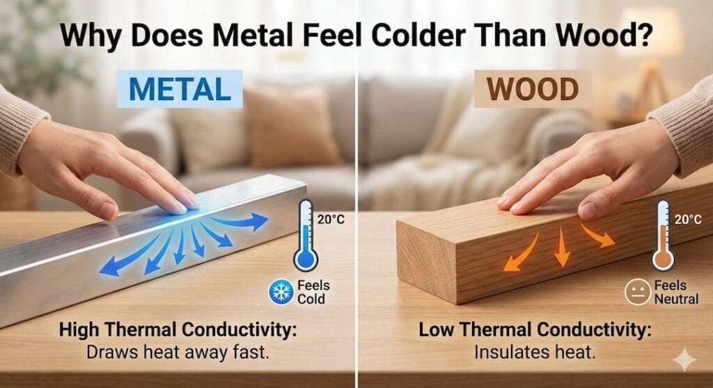 why metal feels colder than wood, metal feels cold physics, thermal conductivity explained, heat transfer conduction, why metal is cold to touch